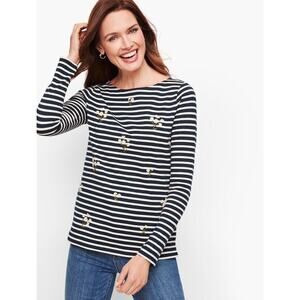 Talbots Navy White Stripe Floral Embroidered Long Sleeve Blouse Women's Medium